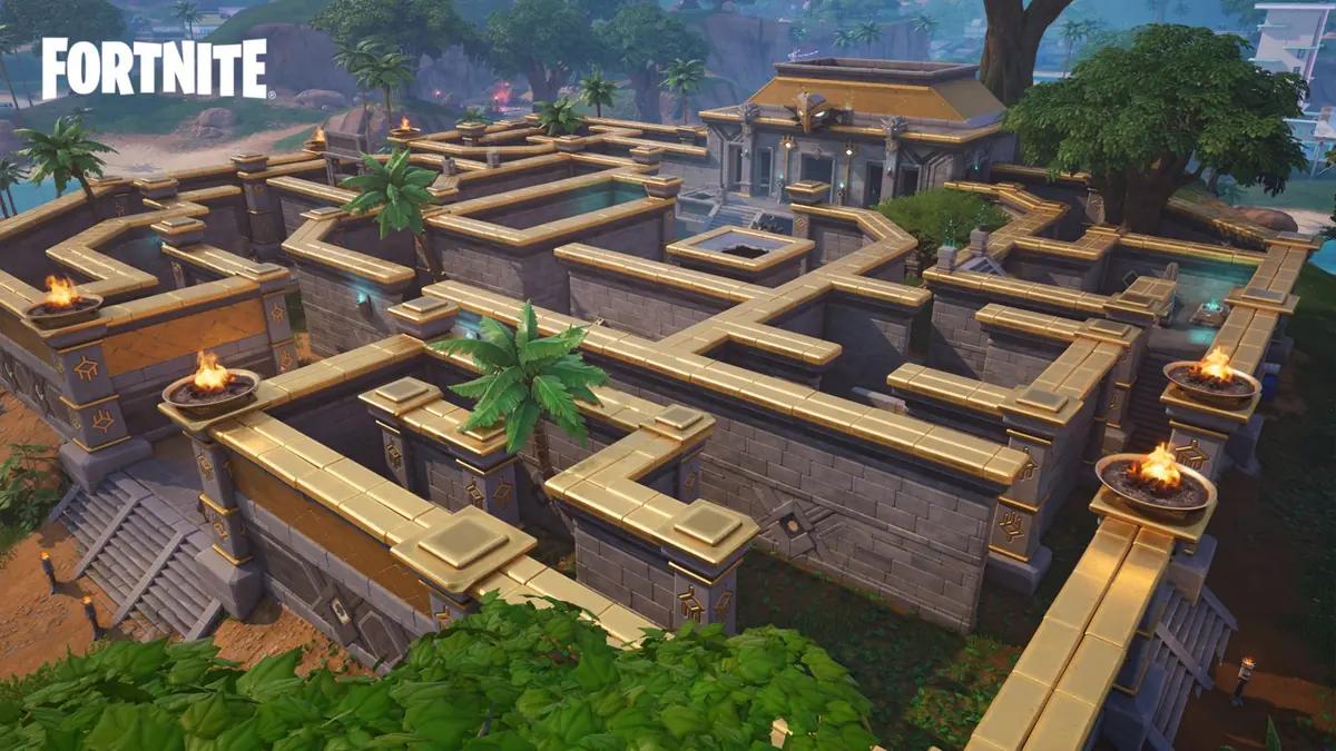Screenshot aus Fortnite Kapitel 7 – Saison 4, der ein goldenes Labyrinth zeigt