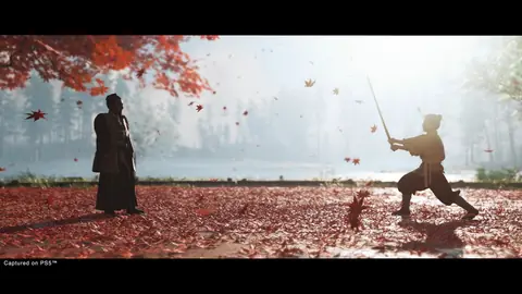 Gameplay-Screenshot aus Ghost of Tsushima, der ein Duell zwischen Fürst Sakai und dem jungen Jin zeigt.