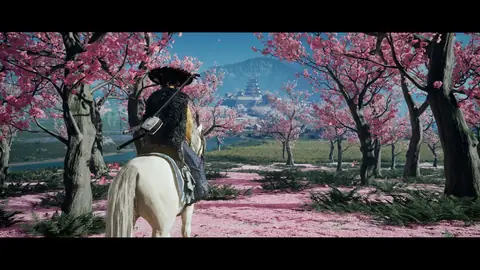 Screenshot aus Filmsequenz von Ghost of Yōtei, auf dem Atsu zwischen mehreren Bäumen mit wunderschönen rosa Blüten zu sehen ist.