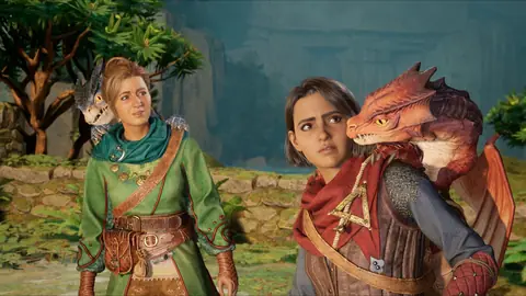 Split Fiction – Screenshot von Zoe und Mio in einem Fantasy-Setting, wobei beide kleine Drachen auf den Schultern haben.