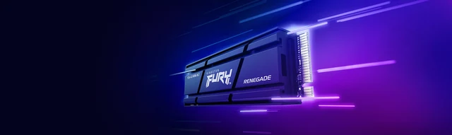 Herstellerabbildung einer Kingston FURY Renegade M.2-SSD mit hohem schwarzem Kühlkörper vor violettem Hintergrund; keine Kapazität im Bild.