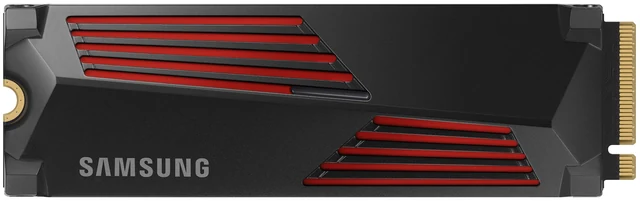 Samsung 990 PRO mit vormontiertem schwarzem Kühlkörper in Draufsicht; RGB unbeleuchtet. Kapazitätsneutrale Ansicht von der exakten 1-TB-Produktseite.