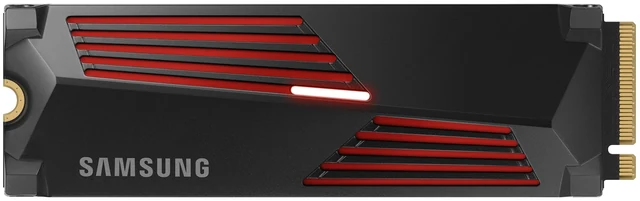 Samsung 990 PRO mit vormontiertem schwarzem Kühlkörper in Draufsicht; RGB beleuchtet. Kapazitätsneutrale Ansicht von der exakten 2-TB-Produktseite.