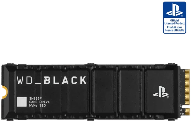 WD_BLACK SN850P in Draufsicht mit schwarzem vormontiertem Kühlkörper und PlayStation-Logo; kapazitätsneutrales Serienbild.